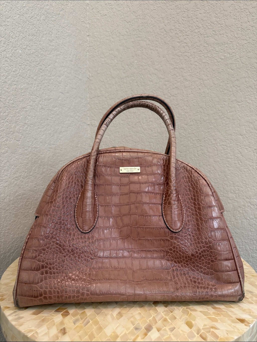 Kate Spade Brown Croc-Embossed Leather Satchel With Gold Plaque
